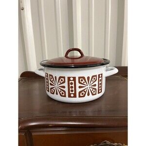 Vintage Retro 1970’s MCM Romania Ero Enamelware Stock Pot White Brown